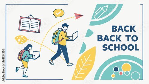 Two students, one walking and one standing, engaged in back-to-school preparations with laptops and educational elements.