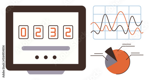 Computer monitor with numeric counter, a dynamic line graph, and a pie chart for statistical data analysis. Ideal for analytics, business, finance, technology, reports, research and performance