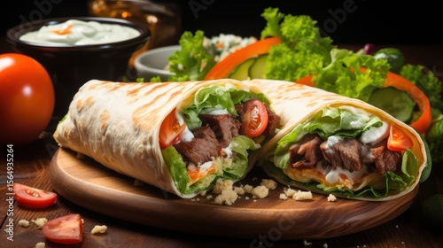 Delicious shawarma served on wooden board on table in cafe with sauce generative AI