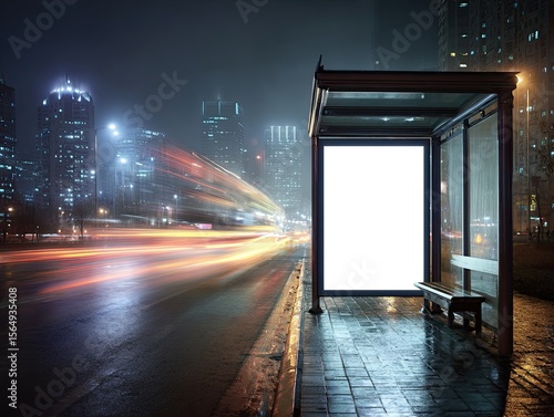 Blank billboard inside glass bus stop at night. Rainy city street with neon bokeh and light trails. Space for brand clarity and urban momentum. Ideal for transit advertising mockups.