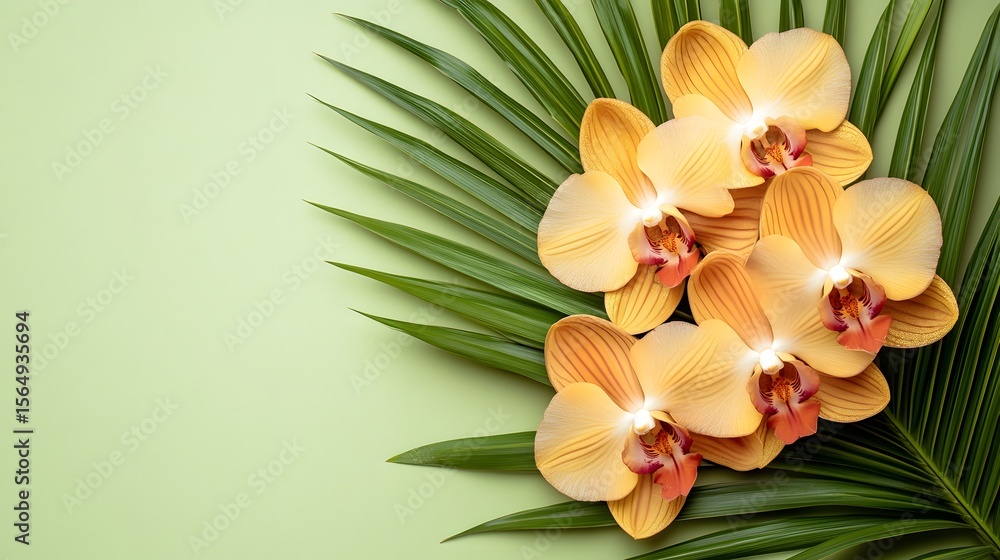 Obraz premium Orange Orchids Tropical Palm Leaf Green Background