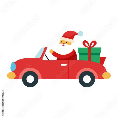 Santa Claus courier driving festive car, convertible auto vehicle with Christmas gifts vector icon on white background.