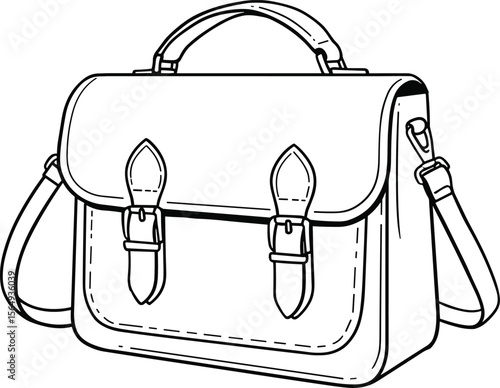 Vintage leather satchel bag illustration, classic messenger bag sketch, hand-drawn shoulder briefcase design, stylish buckle flap line art