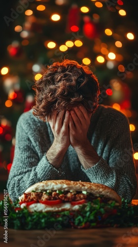 Man with curly hair holds his head in despair beside a large sandwich, Christmas tree lights twinkling in the background