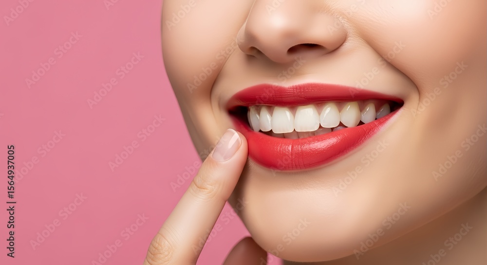 Fototapeta premium Radiant smile with perfect white teeth enhanced by classic red lipstick against a soft pink backdrop shows beauty