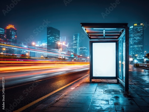 Empty White Blank Bus Stop In Urban Cityscape At Night With Traffic Motion