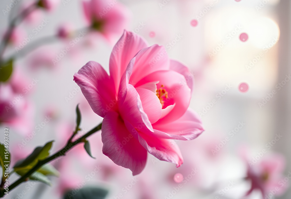 Obraz premium Künstlerische Makroaufnahme einer rosa Blüte mit Tropfen