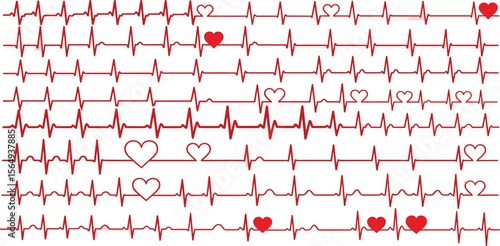 Red heartbeat line collection with heart symbol, cardiology, medical pulse, ECG, EKG design, healthcare clipart vector illustration, health monitoring, digital heartbeat 