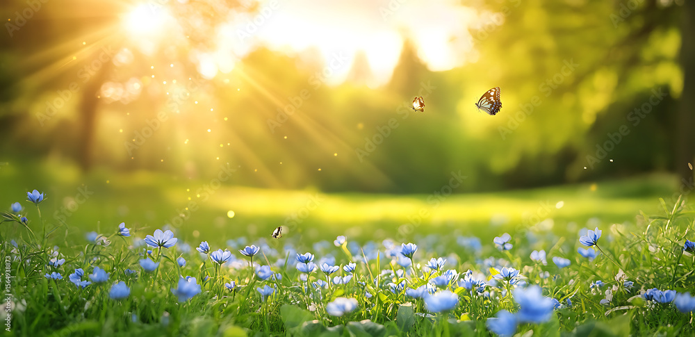 Obraz premium Beautiful spring meadow with blue flowers and green grass, blurred background of trees in the distance, sun rays shining through the leaves, butterflies flying around, ample space for text or a logo.
