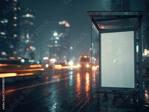 Blank bus stop billboard at night. Rainy city street with wet reflections and blurred headlights. A quiet space for modern branding and anticipation. Ideal for outdoor advertising mockups and