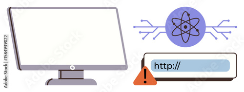 Computer monitor, atom icon with digital circuitry, and URL bar with warning sign. Ideal for technology, internet safety, cybersecurity, risk, science, connectivity simple flat metaphor