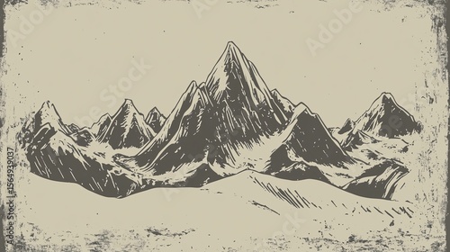A distressed, old-school print of a mountain range highly detailed with sharp focus generated AI