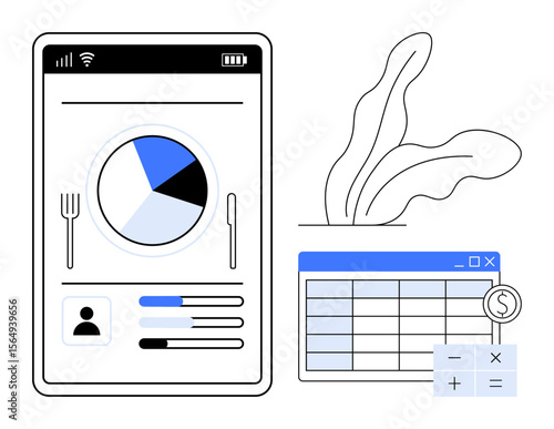 Food tracking app interface with pie chart, profile, progress bars, spreadsheet, calculator, and dollar icon. Ideal for health, finance, diet mobile apps data analysis productivity organization
