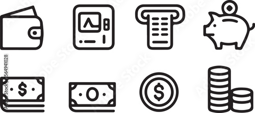 ATM Machine and Cash Icon Bundle | Flat Banking Line Art

