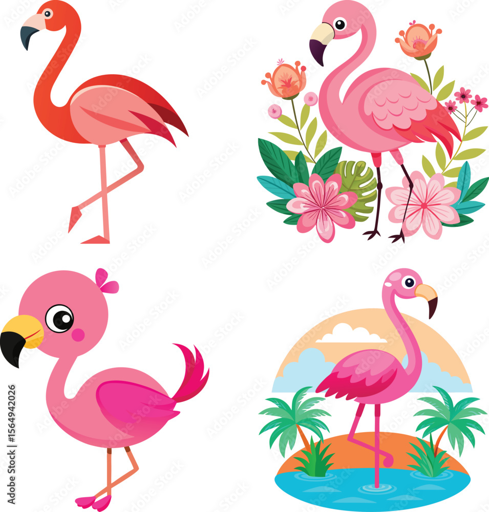 Obraz premium A pink flamingo wades in a shallow pool of tropical fruits. Lush green palm trees line the background behind the flamingo and fruit. The flamingo is a type of greater flamingo. 