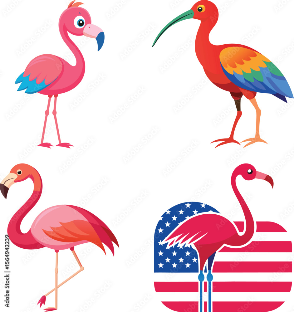 Fototapeta premium A pink flamingo wades in a shallow pool of tropical fruits. Lush green palm trees line the background behind the flamingo and fruit. The flamingo is a type of greater flamingo. 