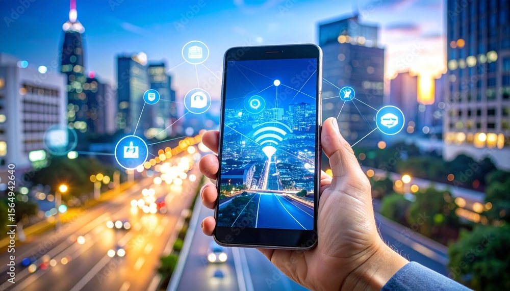 Hand Holding Smartphone Displaying Augmented Reality UI Over Real City Street with Floating Icons Hand Holding Smartphone Displaying Augmented Reality UI Over Real City Street with Floating Icons