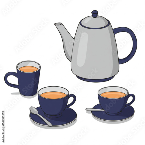 Teapot and tea cups graphic showcases a comforting tea time arrangement, perfect for cafe menus and kitchen decor projects.