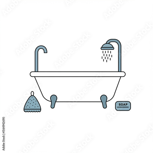 A serene bathtub graphic featuring a shower, washcloth, and soap, perfect for bathroom decor or spa-themed design projects.