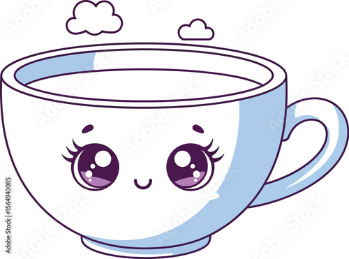 Illustration of a kawaii teacup with a face and steam on a white background