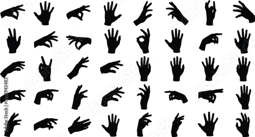 hand silhouette illustration, various hand gestures, perfect hand vector for sign language, communication visuals. 
