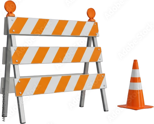 Bright orange and white striped construction barrier with warning lights next to a single traffic cone