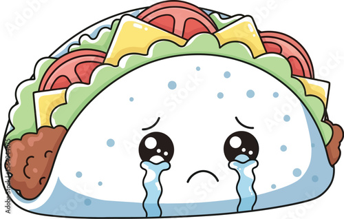 A cartoon taco with a blue shell and fillings is crying on a white background