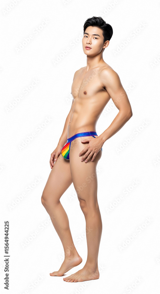 Fototapeta premium Handsome male underwear model poses in briefs and socks against a clean background. Showcasing modern men's underwear style, fit physique, and minimalist fashion appeal. 