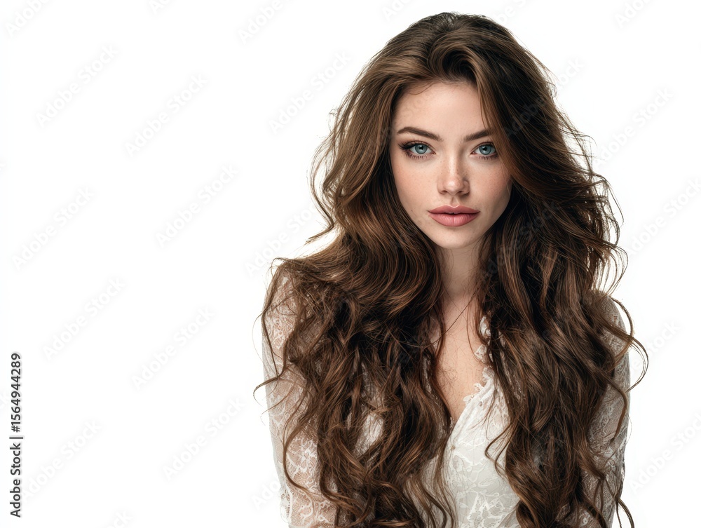 Fototapeta premium Stunning portrait of a woman with long, curly brown hair. Perfect for beauty, fashion, and haircare ads.