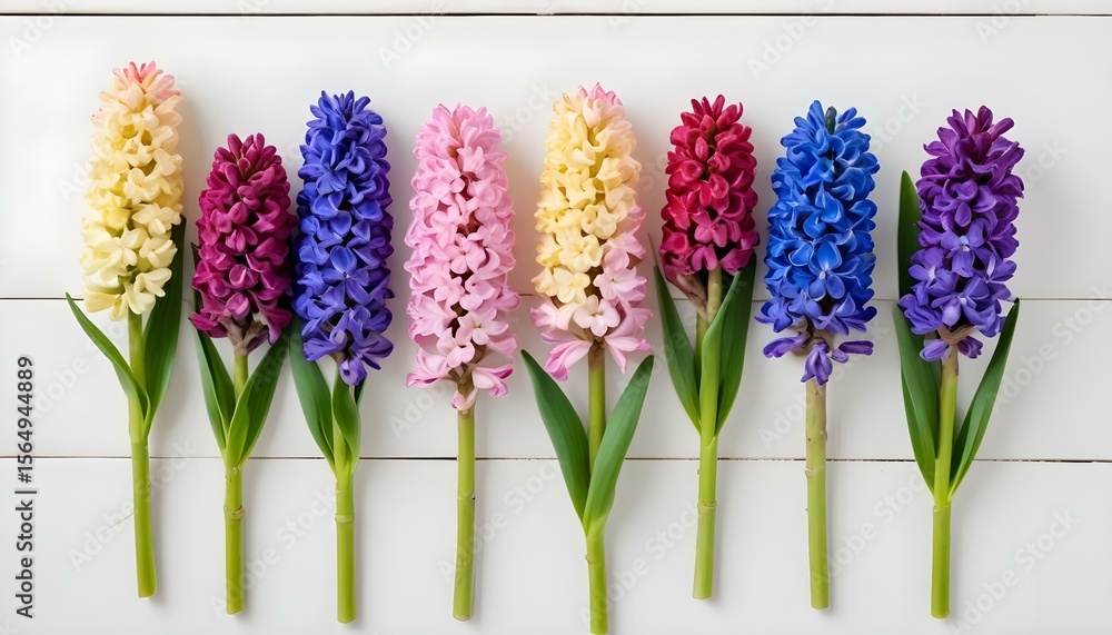 Naklejka premium A beautiful arrangement of colorful hyacinth flowers against a white wooden backdrop.