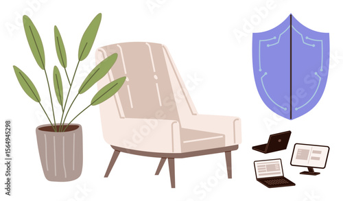 Armchair next to a leafy plant, shield symbol, two laptops, and monitor screen blend comfort and cybersecurity. Ideal for home workspace, online protection, technology, safety, modern life