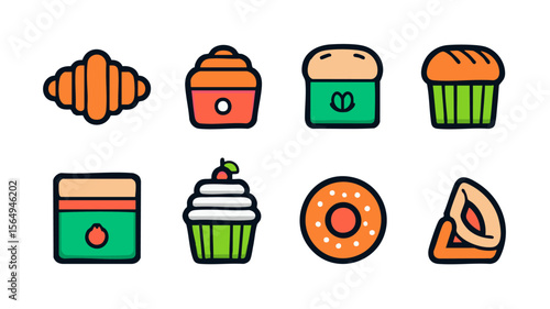 Bakery pastries sweets desserts vector icons set illustration for food cafe shop and restaurant menu
