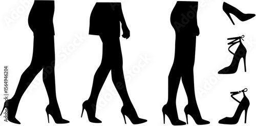 Collection. Silhouette of a beautiful female figure, legs in red shoes. Heeled shoes. The lady is standing. The girl is slim. Set of vector illustrations