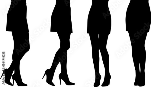 Collection. Silhouette of a beautiful female figure, legs in red shoes. Heeled shoes. The lady is standing. The girl is slim. Set of vector illustrations