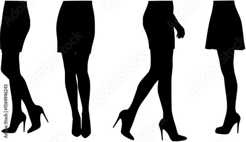 Collection. Silhouette of a beautiful female figure, legs in red shoes. Heeled shoes. The lady is standing. The girl is slim. Set of vector illustrations