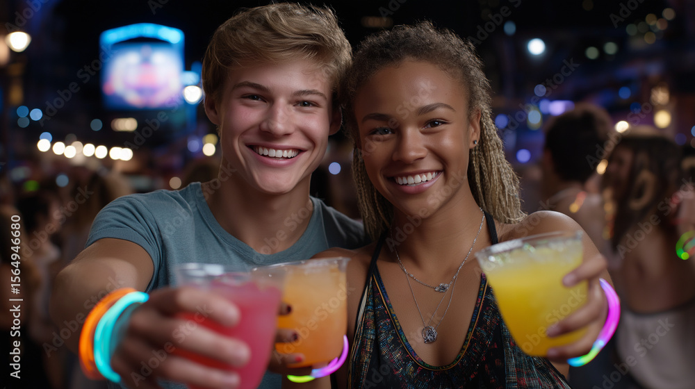 Fototapeta premium Friends enjoying colorful drinks at a party with glowing bracelets