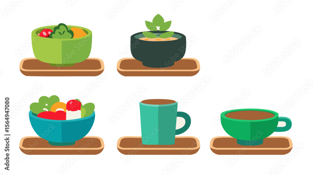Stock vector illustration of healthy food and drinks bowls and cups for diet and nutrition concept Stock vector illustration of healthy food and drinks bowls and cups for diet and nutrition concept