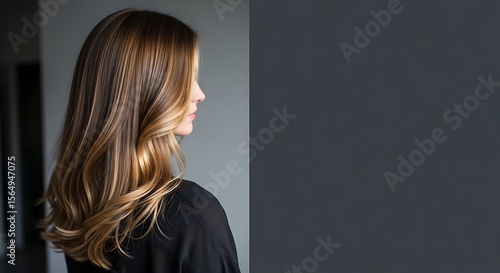 Woman with long blonde wavy hair, side profile