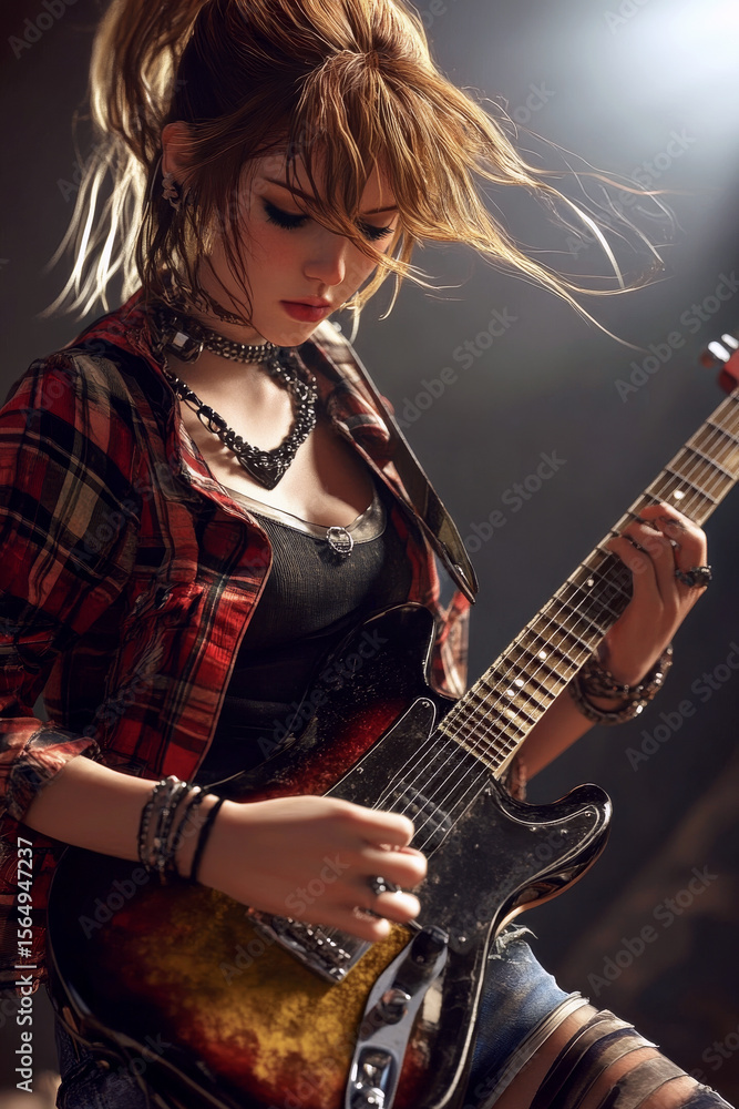 Crazy Punk Girl spielt auf einer E-Gitarre, Generative AI Crazy Punk Girl spielt auf einer E-Gitarre, Generative AI