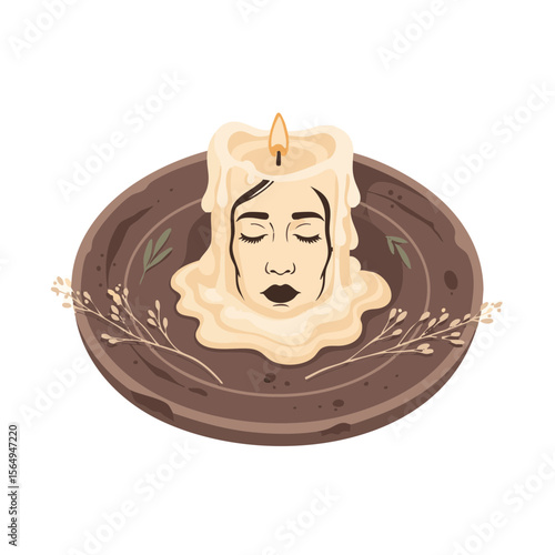 Melting Candle with Sleeping Face Shape on Ceramic Plate, Calm Uncanny Vector