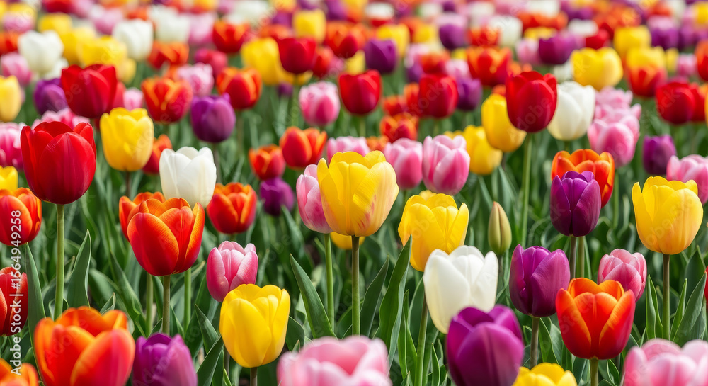 Vibrant field of colorful tulips in full bloom during springtime Vibrant field of colorful tulips in full bloom during springtime