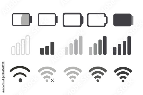 Battery, WiFi, and mobile network icons in a clean, minimal style. Ideal for apps, UI/UX, and digital interfaces. Battery icon set, wifi icons set. Network icon. Battery, WiFi, network, icons, symbol