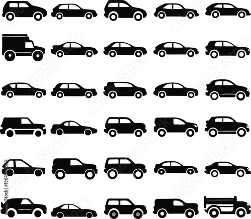 Vector art of a large set of various car icons isolated on white background