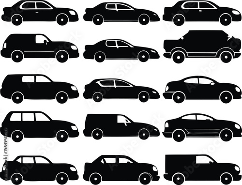 Vector art of a large set of various car icons isolated on white background