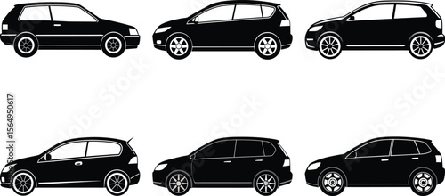 Vector art of six black cars isolated on transparent background