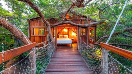 Luxurious treehouse nestled amongst lush foliage, with a wooden walkway leading to a bedroom with a bed.