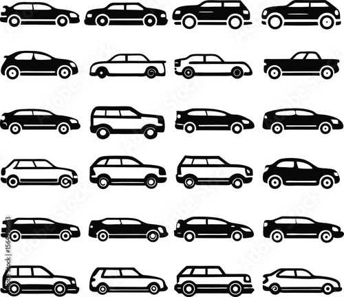 Vector art of a large set of various car icons isolated on white background