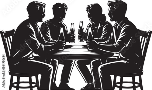 Friends Sitting with Beer Bottles at Table vector illustration