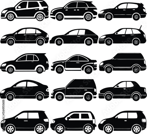 Vector art of a large set of various car icons isolated on white background
