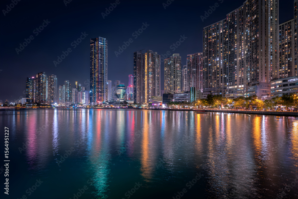 Obraz premium Dynamic Lights in the Urban Jungle: A Vivid Night-time Cityscape